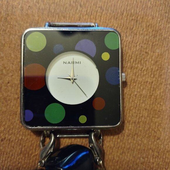 Handmade Narmi Square Polka Dot Watch With Colorful Beaded Stretch Bracelet - Picture 3 of 8
